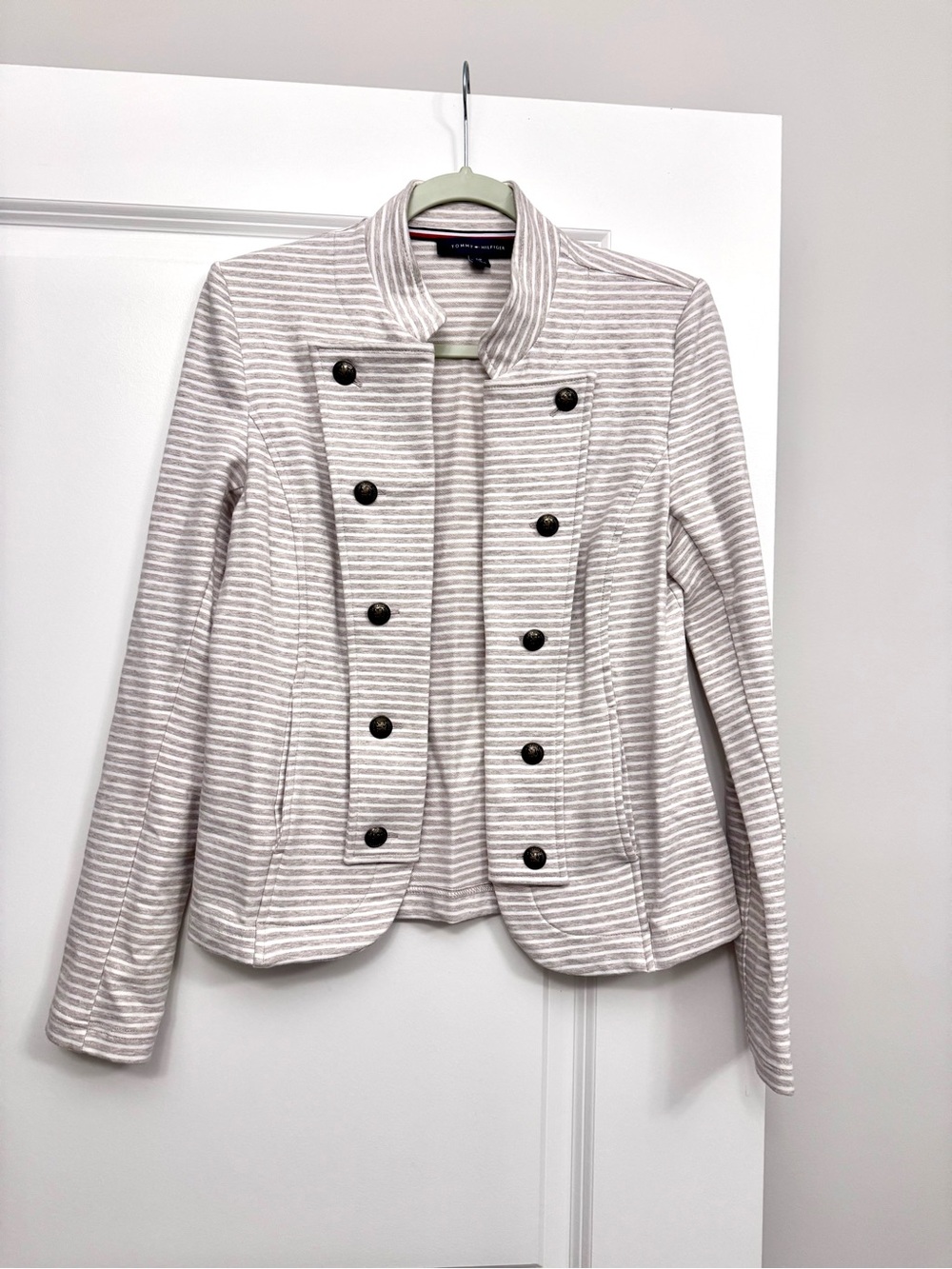 Striped Double-Breasted Military-Style Light Beige Women's Open Blazer Size S